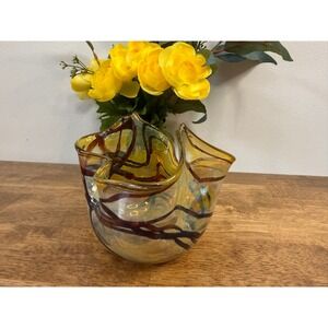 Vintage Hand Blown Amber Art Glass Freeform Bowl Brown Trailed Studio Glass